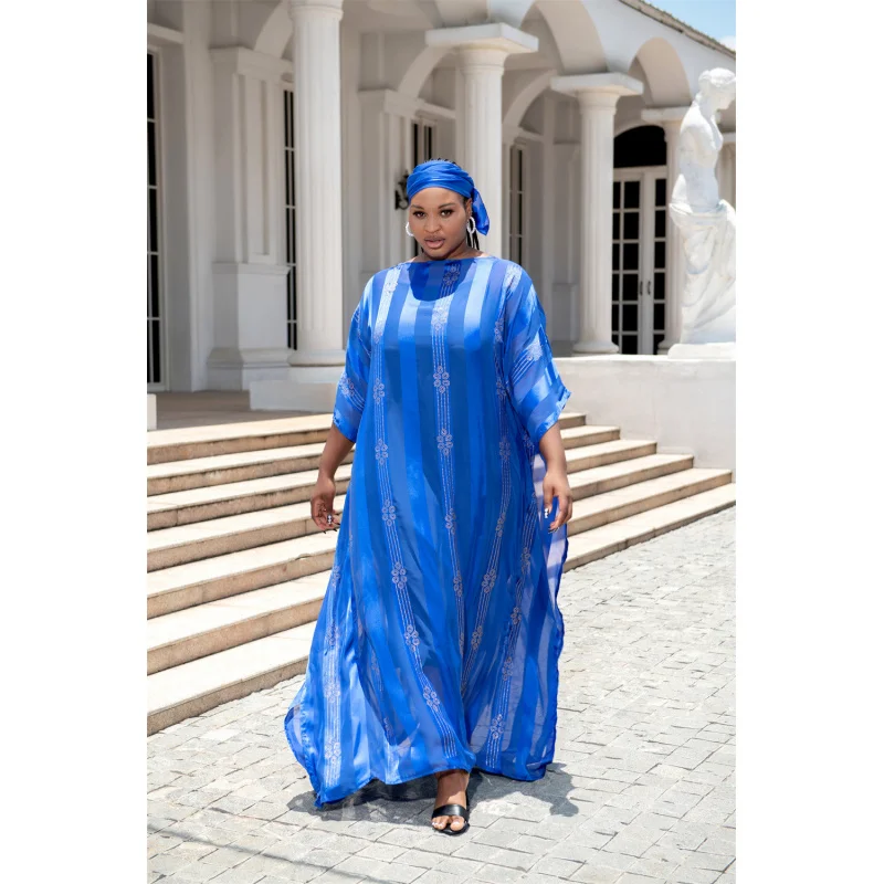 -Border Supply African plus Size Women's Clothing Heavy Embroidery Hot DrillingDress with Sling Headscar