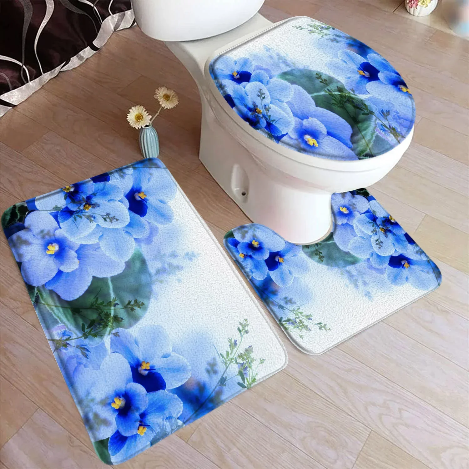 4Pcs/Set Blue Flowers Shower Curtain Bath Mat Spring Floral Print Fabric Bathroom Curtain Anti Slip Floor Rug Carpet Toilet Lid