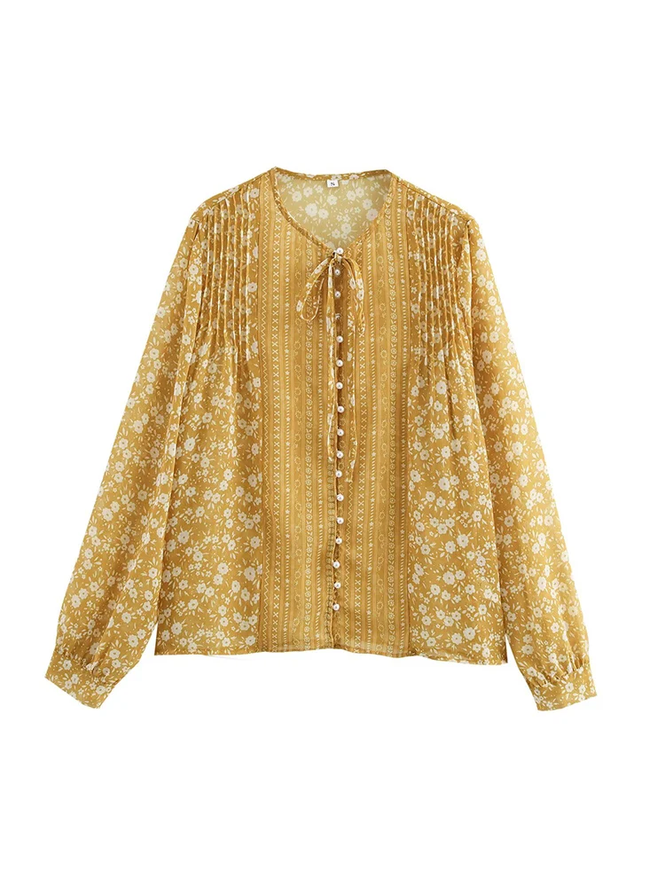 

KUCLUT Women Fashion Printed Pleated Lace Up Single Breasted Blouse Vintage O-Neck Long Sleeves Female Chic Lady Shirts