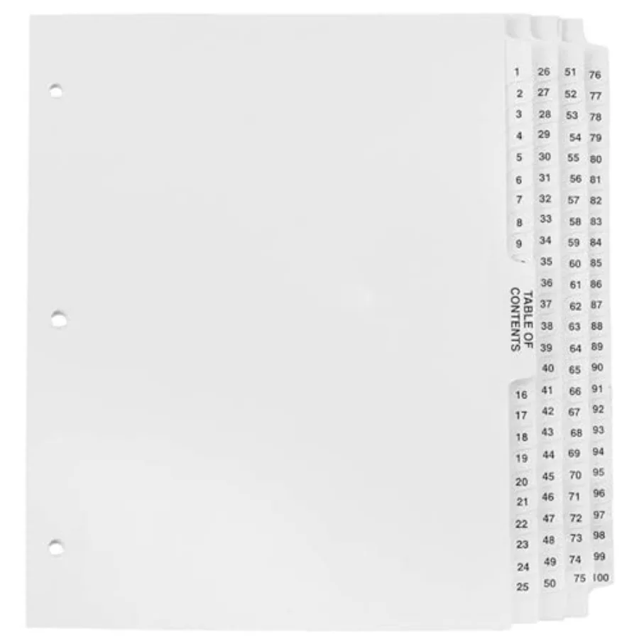 ® Separadores Numerados del 1 al 100 Perforados - Pestañas Gruesas Estilo AVE - Pestañas para Exhibición con Encolado Lateral - Hecho en EE. UU. Tamaño Carta - 1-100 - Se
