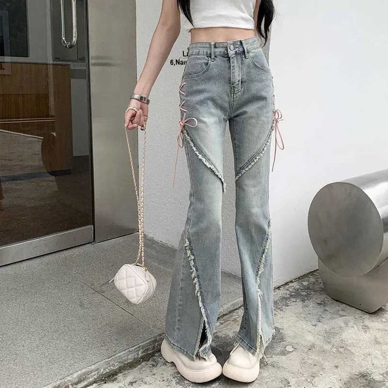 Jeans Women Harajuku Pink Bandage High Waist Denim Pants Casual Streetwear Y2K Vintage Korean Female Irregular Spliced Trousers