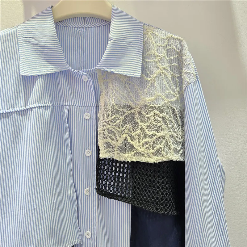 SuperAen European and American Style 2026 Autumn New Polo Collar Long-sleeved Asymmetrical Patchwork Lace Single-breasted Shirts view 6