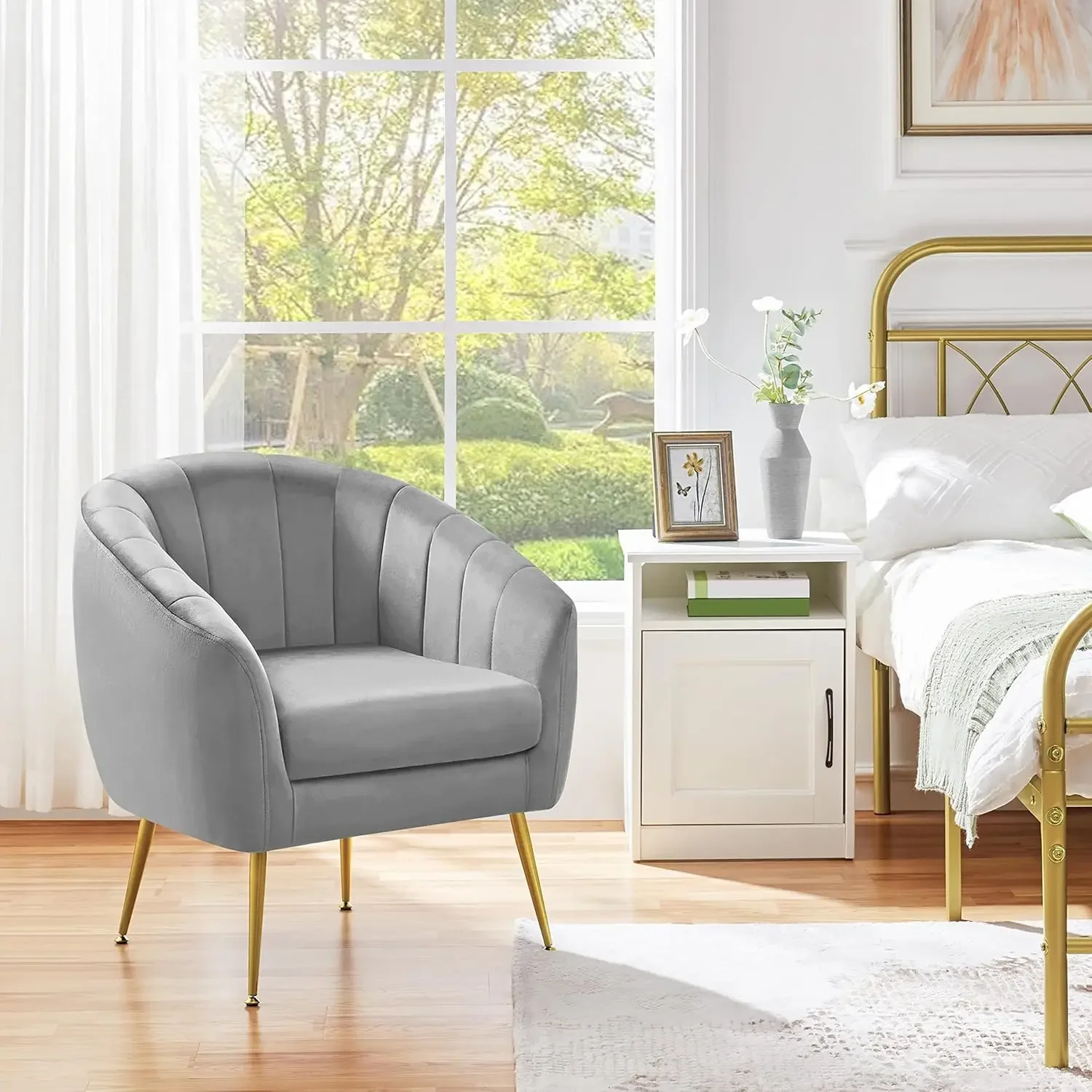 Modern Vanity Chair, Velvet Soft Accent Chair with Gold Metal Legs, Tufted Armchair Chaise Lounge for Living Room/Bedroom, Gray