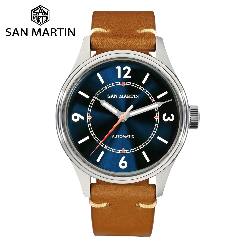 San Martin Men Pilot Watch 38.5mm Enamel Sunray Dial NH35 Automatic Mechanical Sapphire Quick Release Leather Strap 10Bar BGW-9