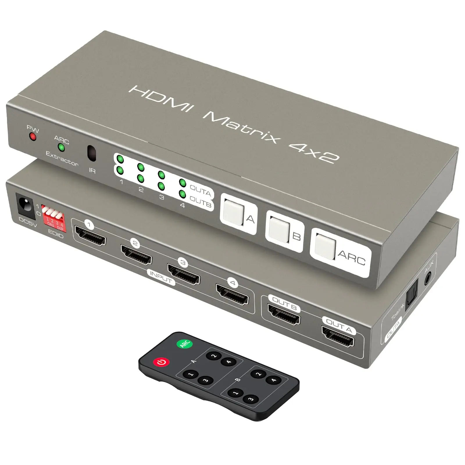 HDMI Matrix Switcher 4K @ 60Hz HDMI 2.0b Switch 4 in 2 Out Splitter with Optical and 3.5 mm AUX Audio Output Support EDID HDCP2.