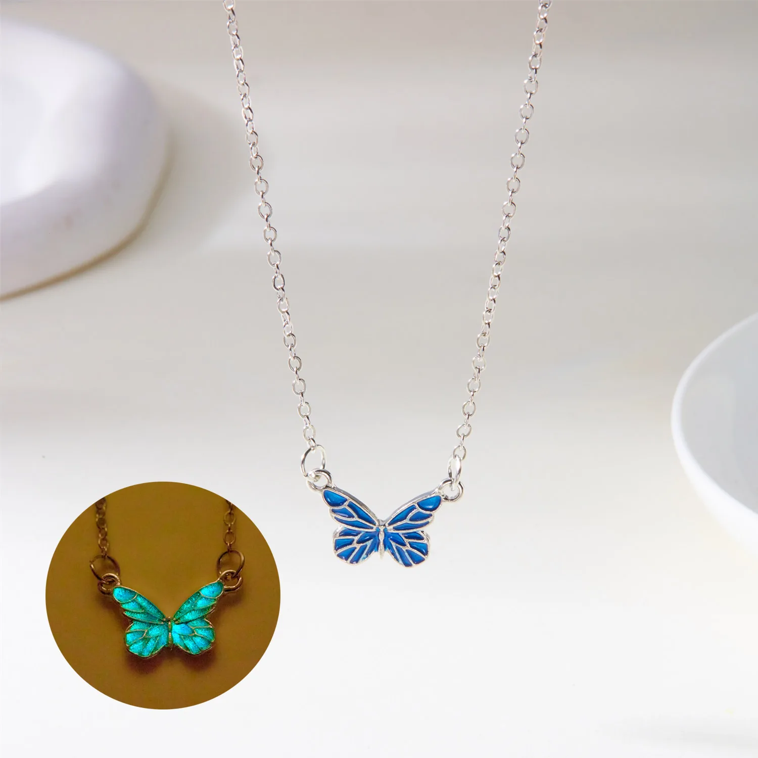Zierliche Fairycore blaue Schmetterlings-Anhänger-Halskette für Frauen, Sommer, Strand, silberfarben, Schlüsselbeinkette, Y2K, ästhetischer Schmuck, Geschenk – Detail 5