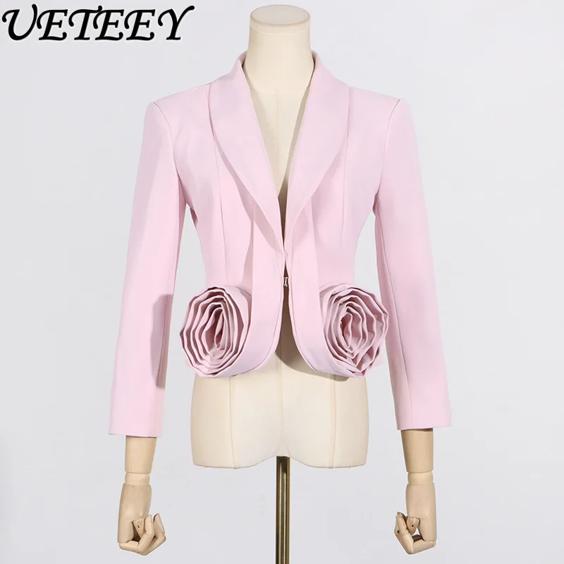 

European Style Small Suit Jacket 2024 Spring New Temperament V-neck Sweet Tridimensional Rose Flower Suit Blazer Coat Top Ladies