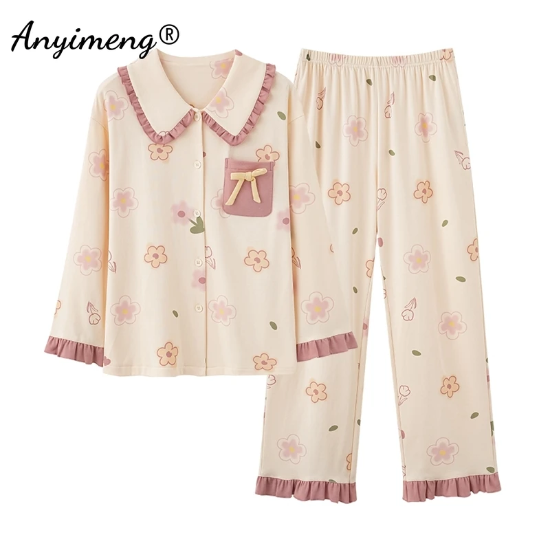 New Autumn Winter Cotton Pajamas for Women Lapel Cute Girl Homewear Long Sleeve Princess Sleepwear Floral Print Loungewear