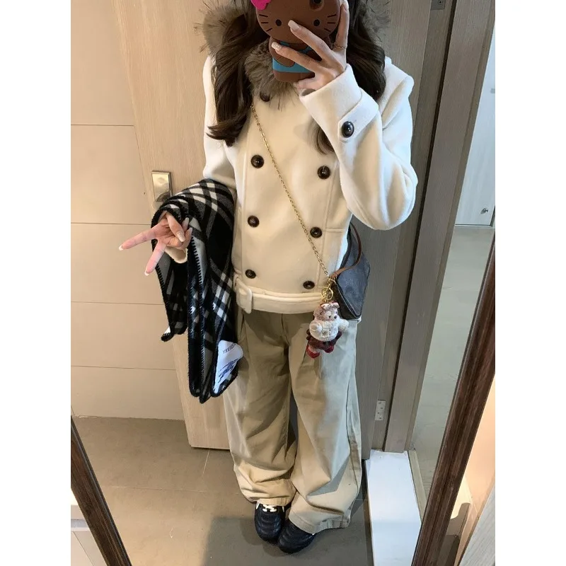 المشمش الأكسجين النسيج اللغة المتخصصة تصميم تحسس مزدوجة الصدر مقنعين معطف الصوف الشتاء ضوء المشمش معطف الصوف #1