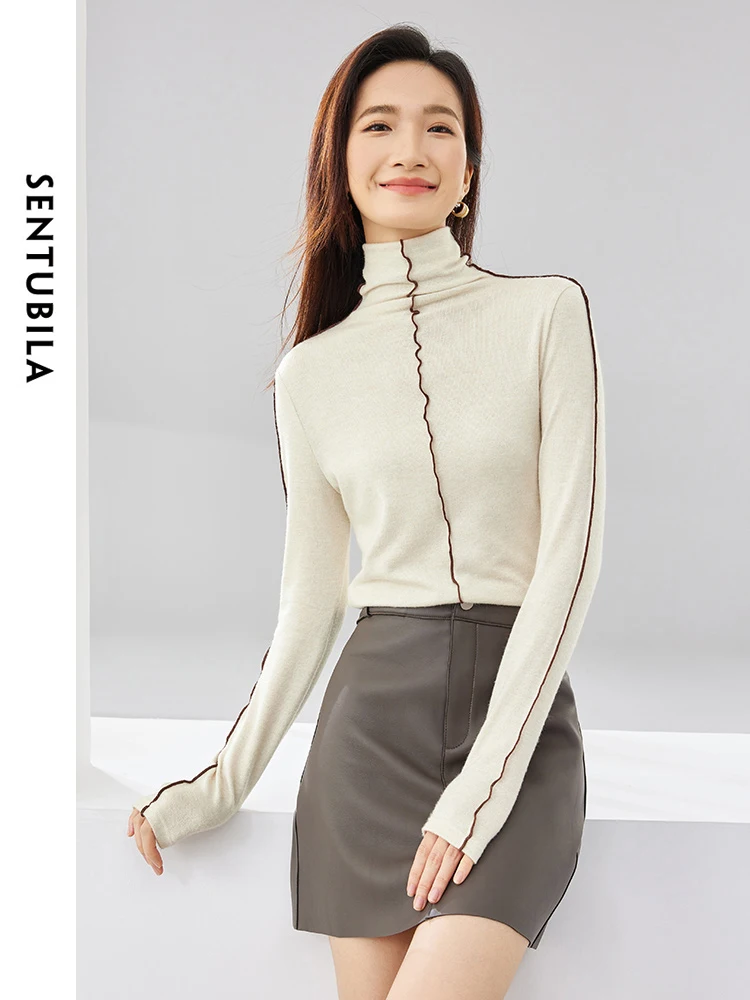 

SENTUBILA Turtleneck Knitted T-shirt High Strecth Slim Women's Long Sleeve Knit Top 2024 Spring Soft Female Knitwear 134H52474