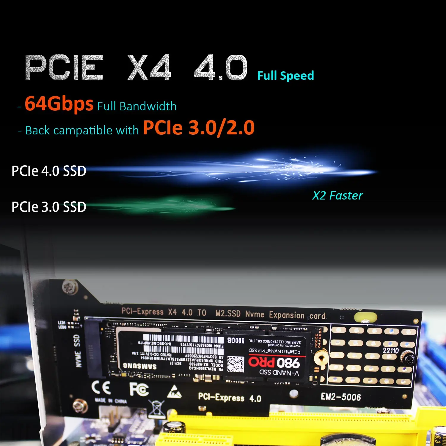 PA-22110 NVMe to PCIe 4.0 X4 Adapter for M.2 NVMe SSD, Support 22110/2280/2260/2242/2230 Size - Image 2