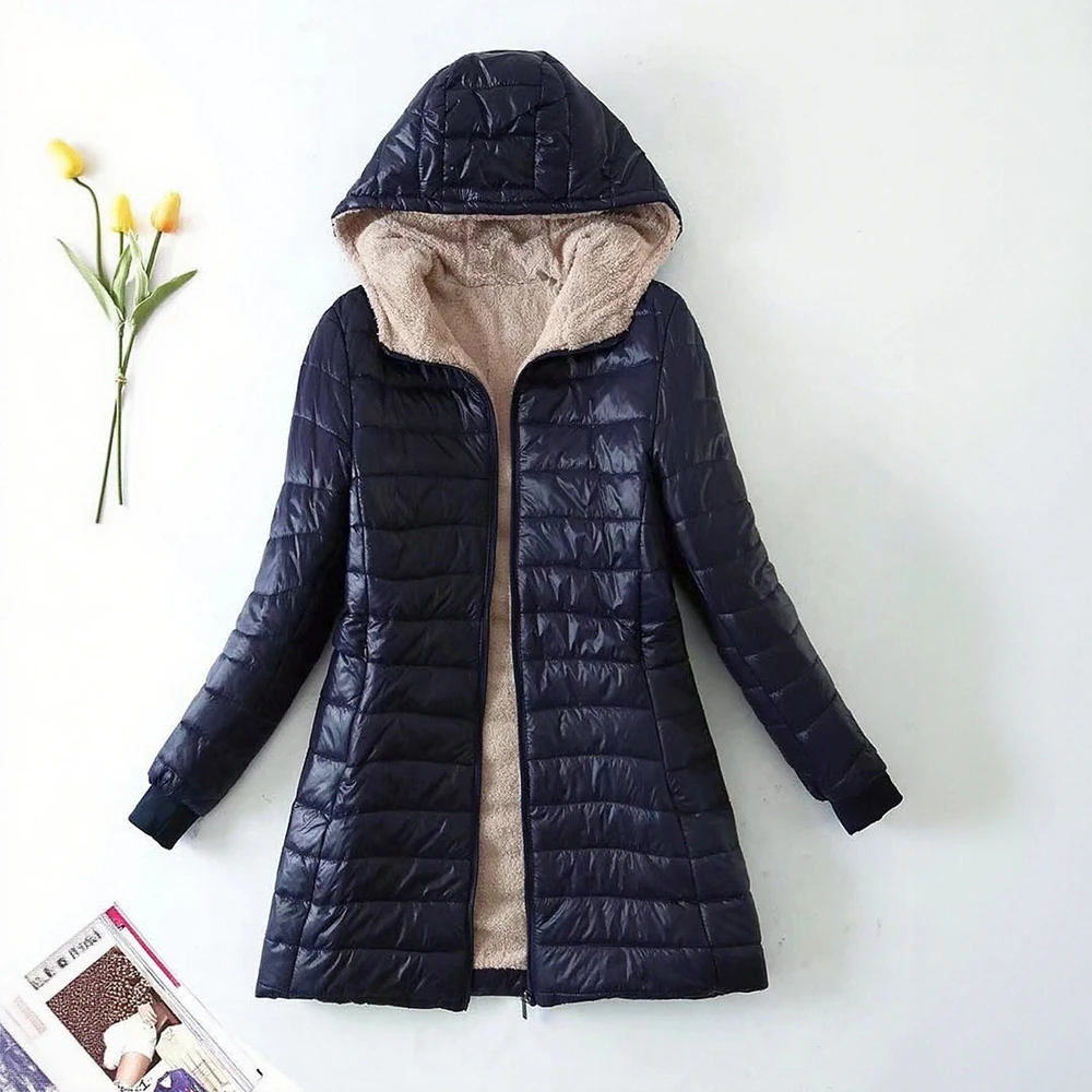 

Женское минималистское базовое флисовое пальто на молнии с длинными рукавами и капюшоном, осенне-зимнее длинное пальто