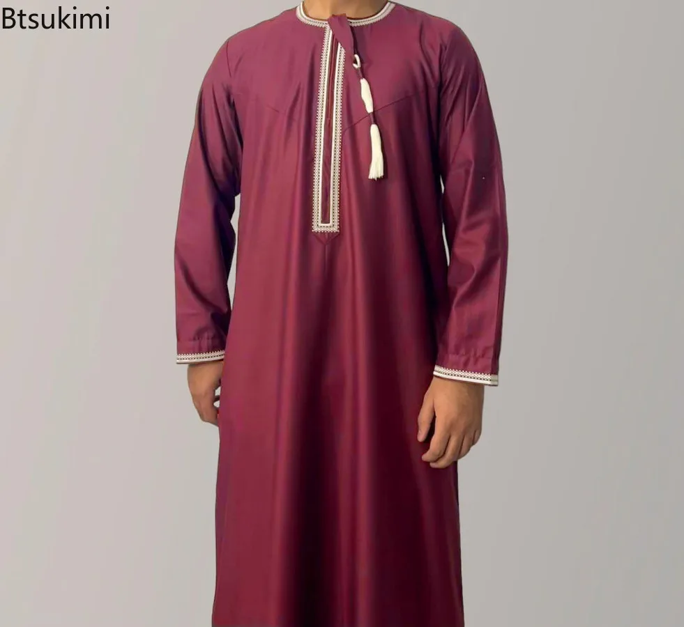 New Men's Muslim Fashion Abayas Dress O Neck Long Sleeve Pullover Kaftan Pakistan Saudi Arab Caftan Islamic Clothing Prayer Robe