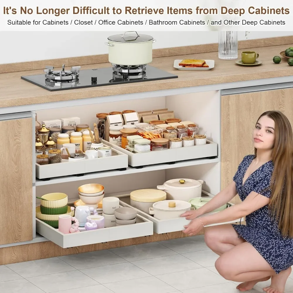 

Pull out Cabinet Organizer,Width (14"-21") and Depth (17"-24") Expandable With 3 Rails,No Drill Adjustable Slide out Drawers