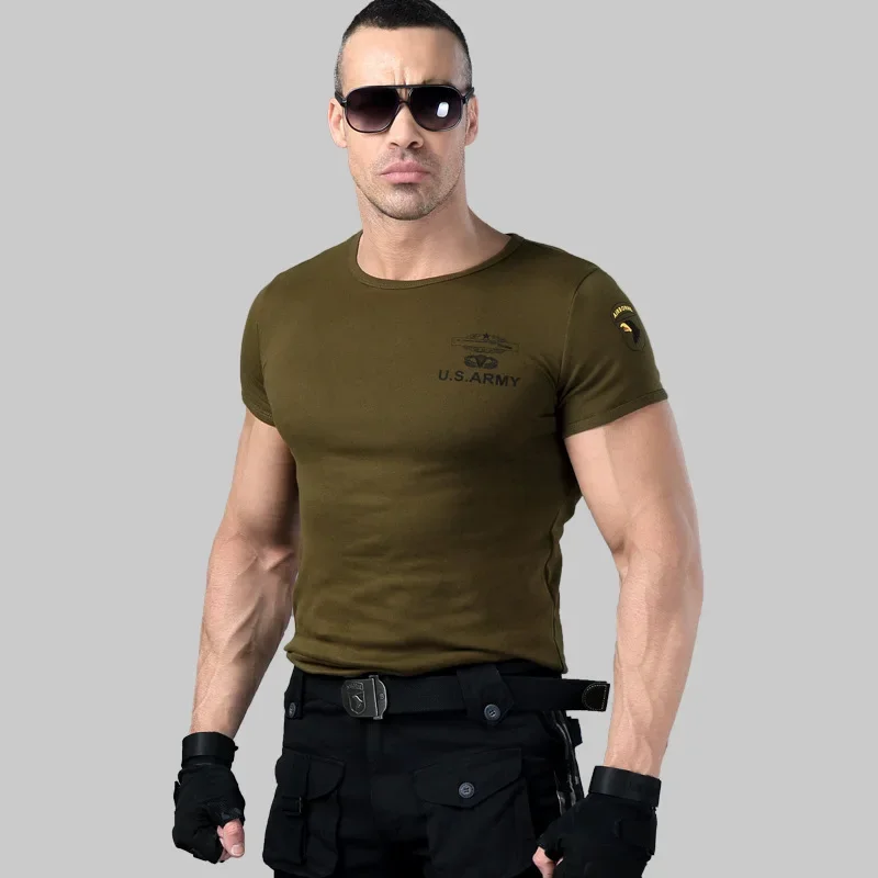 2024 Men\'s Army T Shirt Summer Military Cotton T-shirt Body Sculpting Short Sleeve High Elasticity Stretch Slim Fit Male Tshirt