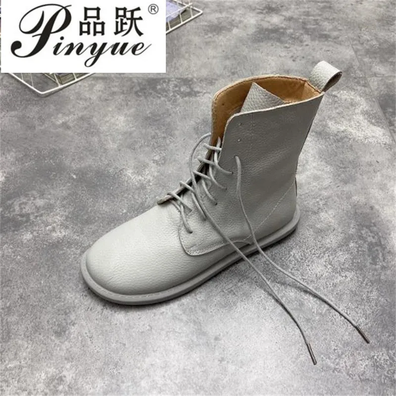 

Женские модные ботинки до середины икры из натуральной кожи, женские кожаные ботинки со шнуровкой, короткие ботинки из натуральной кожи с круглой головкой и мягкой подошвой, размеры 35-40