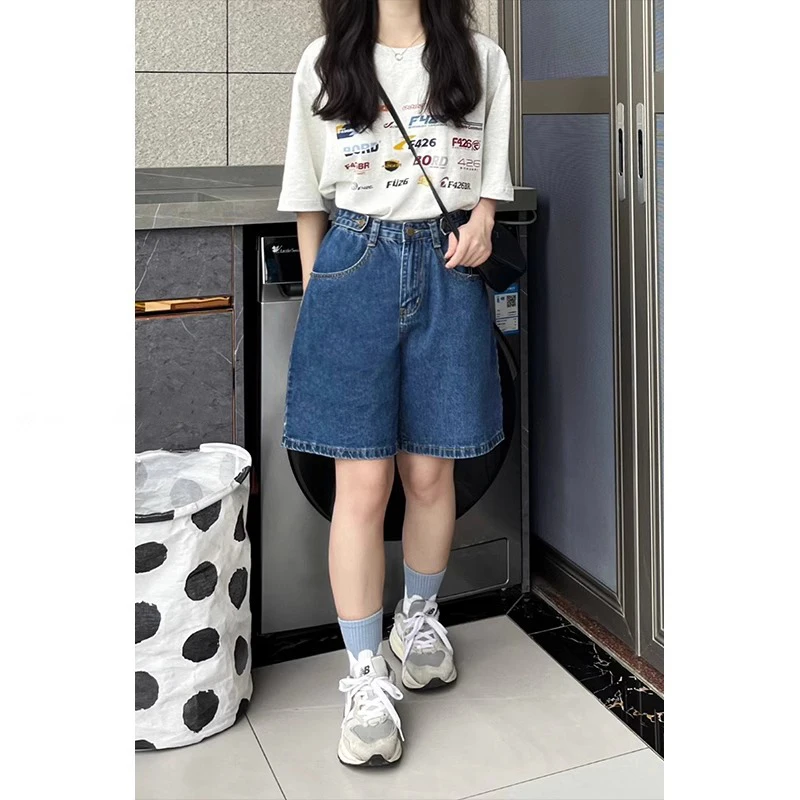 High Waist Five-Quarter Denim Shorts Women's Summer New Style plus Size Loose Straight Leg Wide Leg Mid-Length Cool Sweet Style