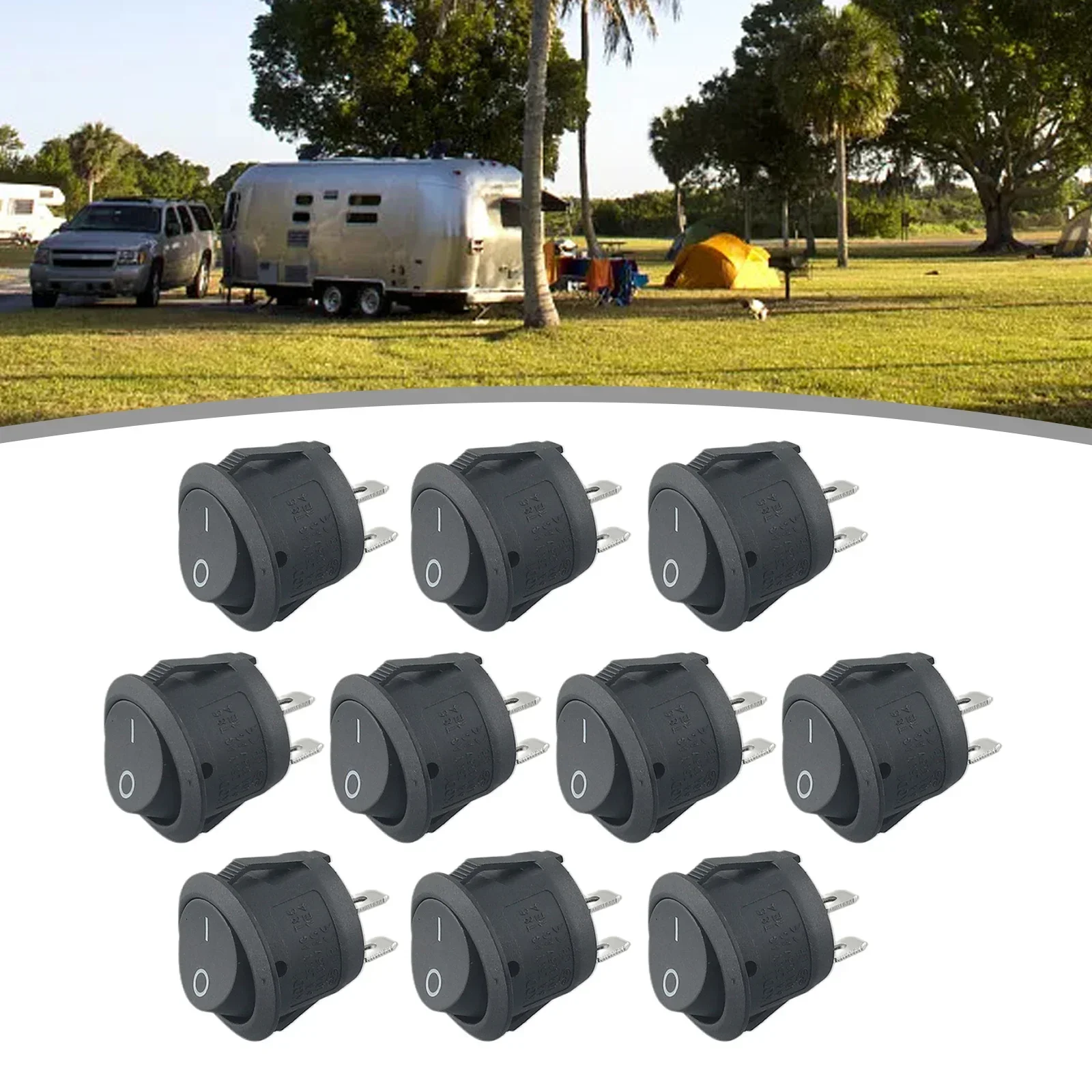 Round Rocker Switch on/off 2 Pin SPST para autocaravana, caravana, autocaravana, barco, acessórios do carro, peças de reposição, vendido, 12V, 10 Pcs