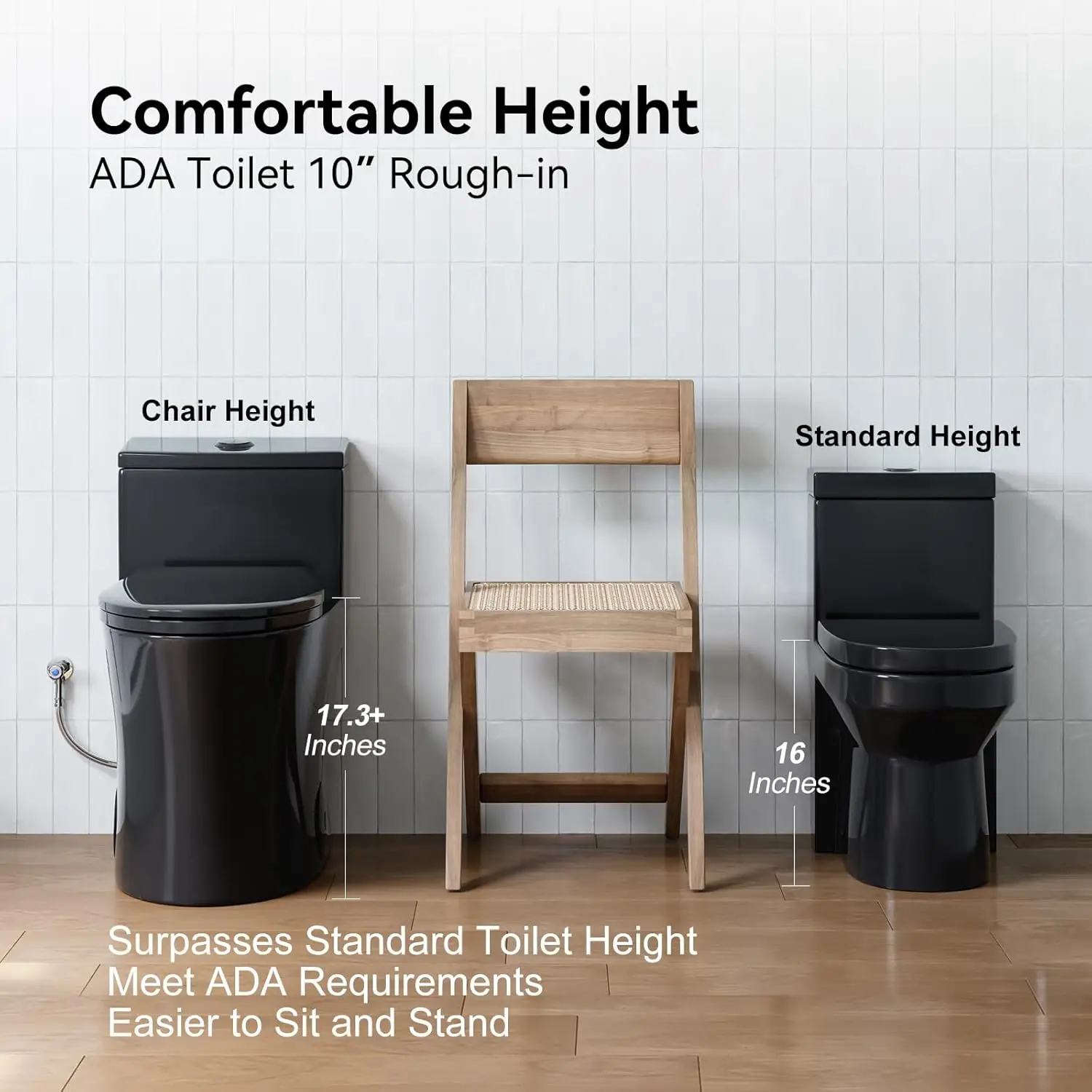 T0338wb längliche einteilige Toilette 10 "raue, mattschwarze Toilette mit bequemem 17.3" ada Stuhl höhe Sitz