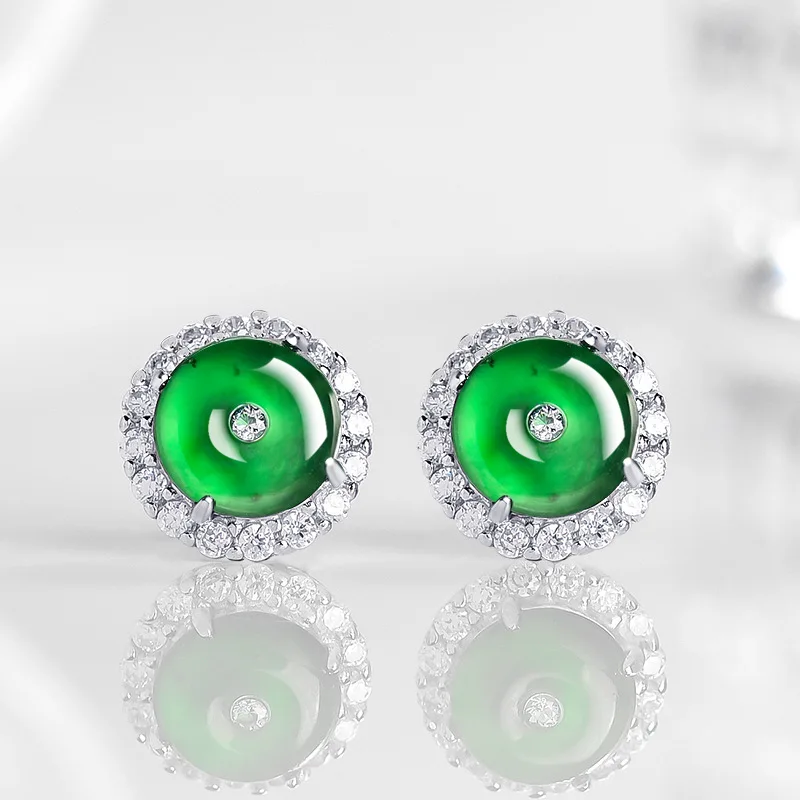 

Natural A-grade Jadeite Egg Noodles Yang Green Safe Buckles Earrings Ice Seed Jade Fashion S925 Silver Inlaid Women's Jewelry