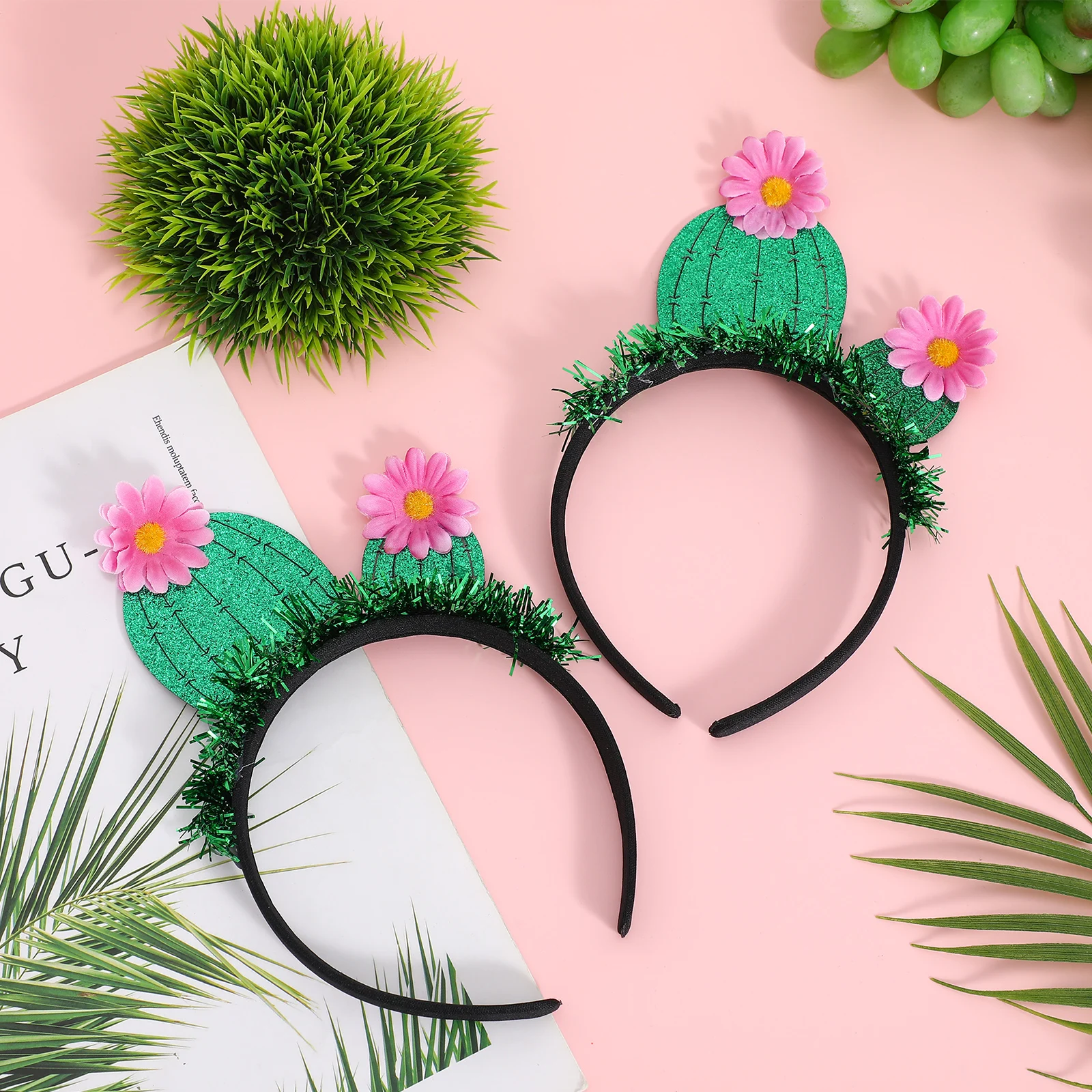 

2Pcs Cactus Hair Hoop Special Focus Party Decoration Props Attractive Tassel Hairband Girl's Headwear Gift Green