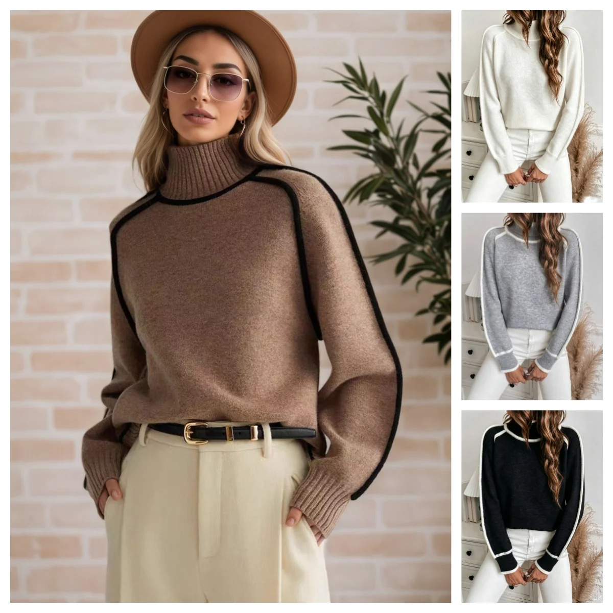 Cozy Fall and Winter Fashion Women's Elegant Knitted Thick Warm Hoodie Color Blocked Half High Collar Versatile Sweater Jumper