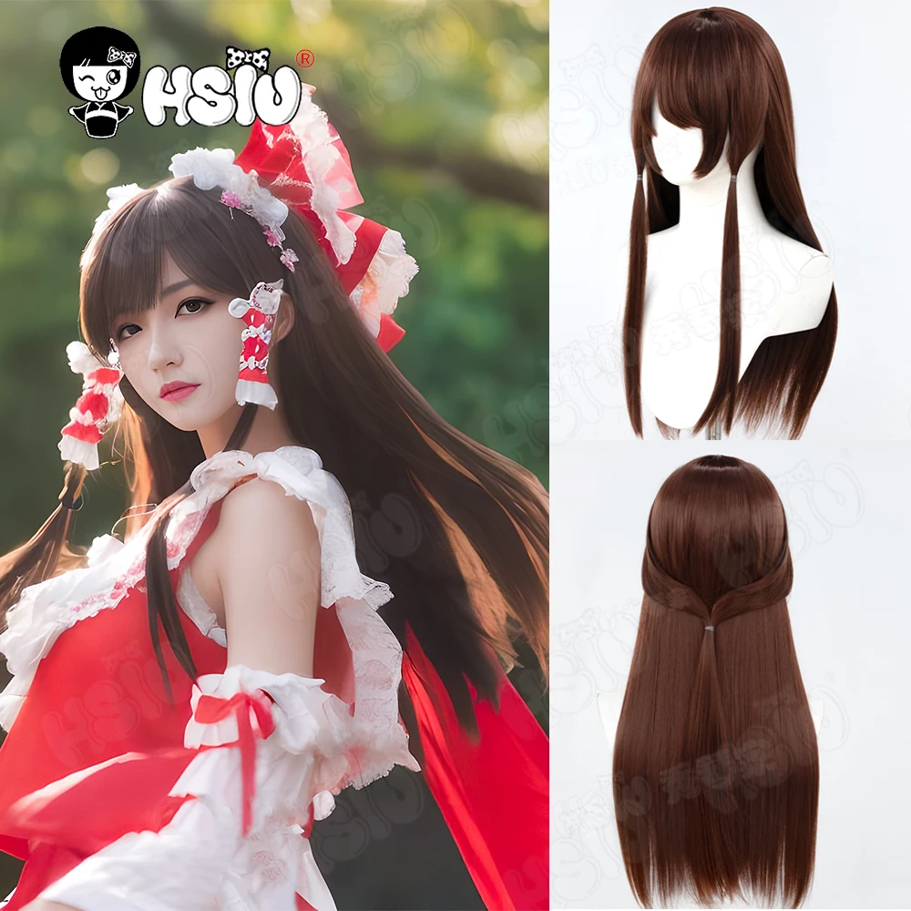 Hakurei Reimu Cosplay Wig Fiber synthetic wig「HSIU」60CM Dark brown long Wig+Wig cap Anime Touhou Project Hakurei Reimu Wig