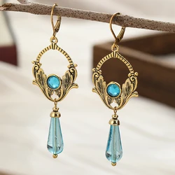 Bohemian Round Inlaid with Green Stones Drop Earrings Women Vintage Ethnic Silver Color Carving Plants Pattern Long Earrings