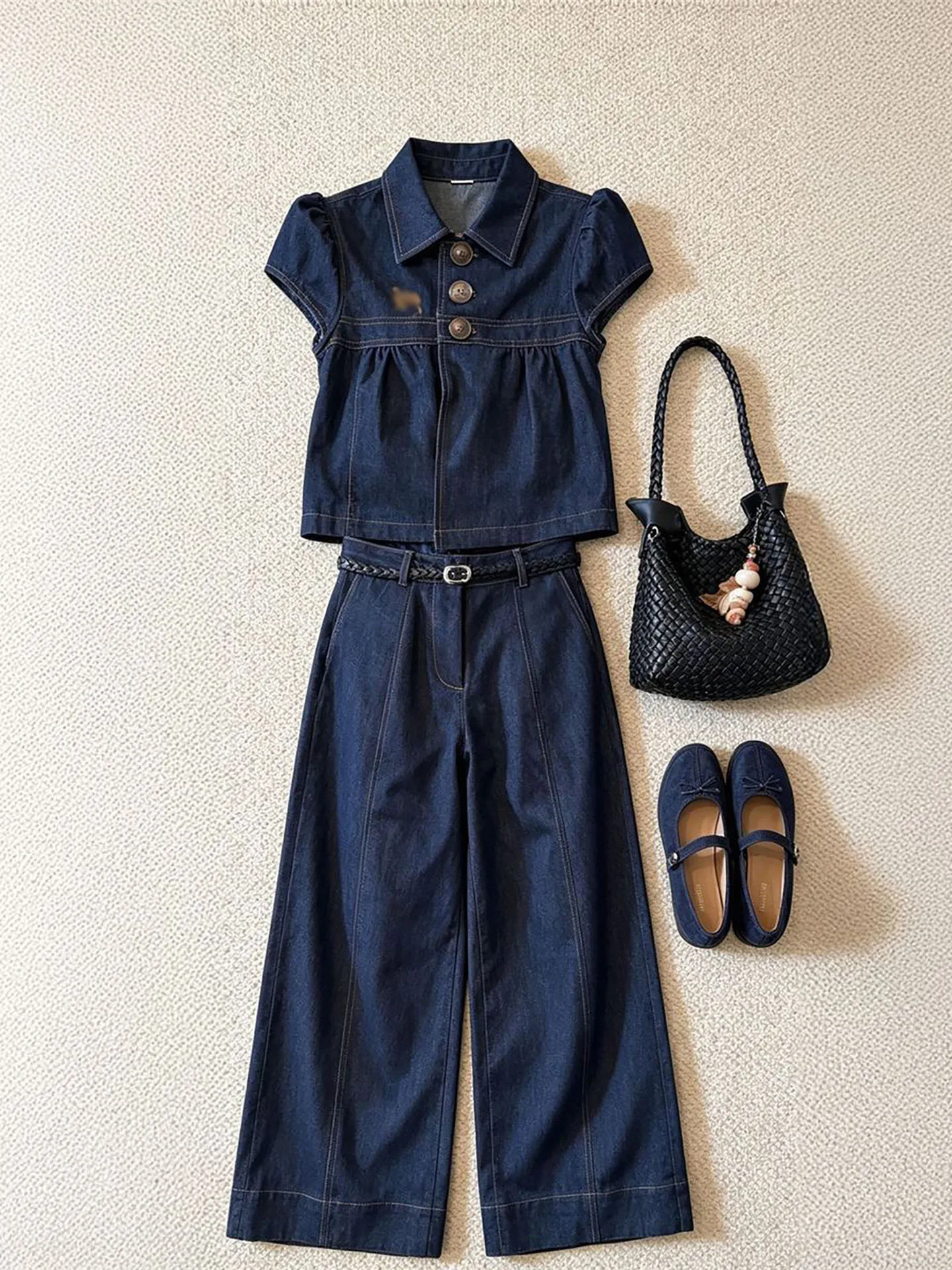 

Retro Korean Artistic Short Sleeve Denim Top High Waist Loose Wide Leg Pants Two Piece Set for Women Casual Summer Fashion