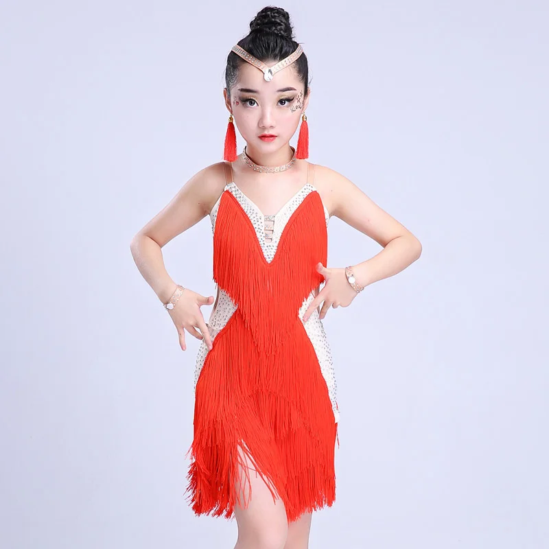 Vestido dança latina com borla branca para meninas, trajes de salão, tango e samba, vestido franja