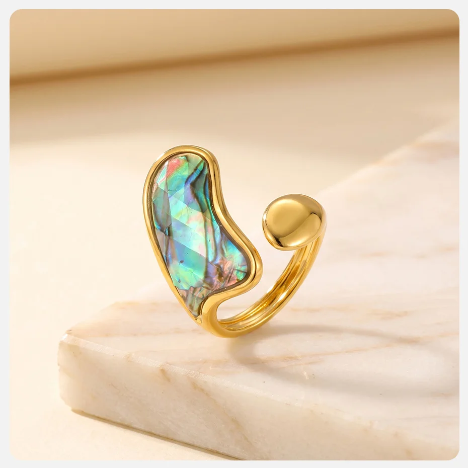 Vnox Mehrstiliger Unregelmäßiger Geometrischer Abalone-Muschel Offener Ring für Frauen, Goldfarben, Edelstahl, Boho-Strandschmuck – Detail 8