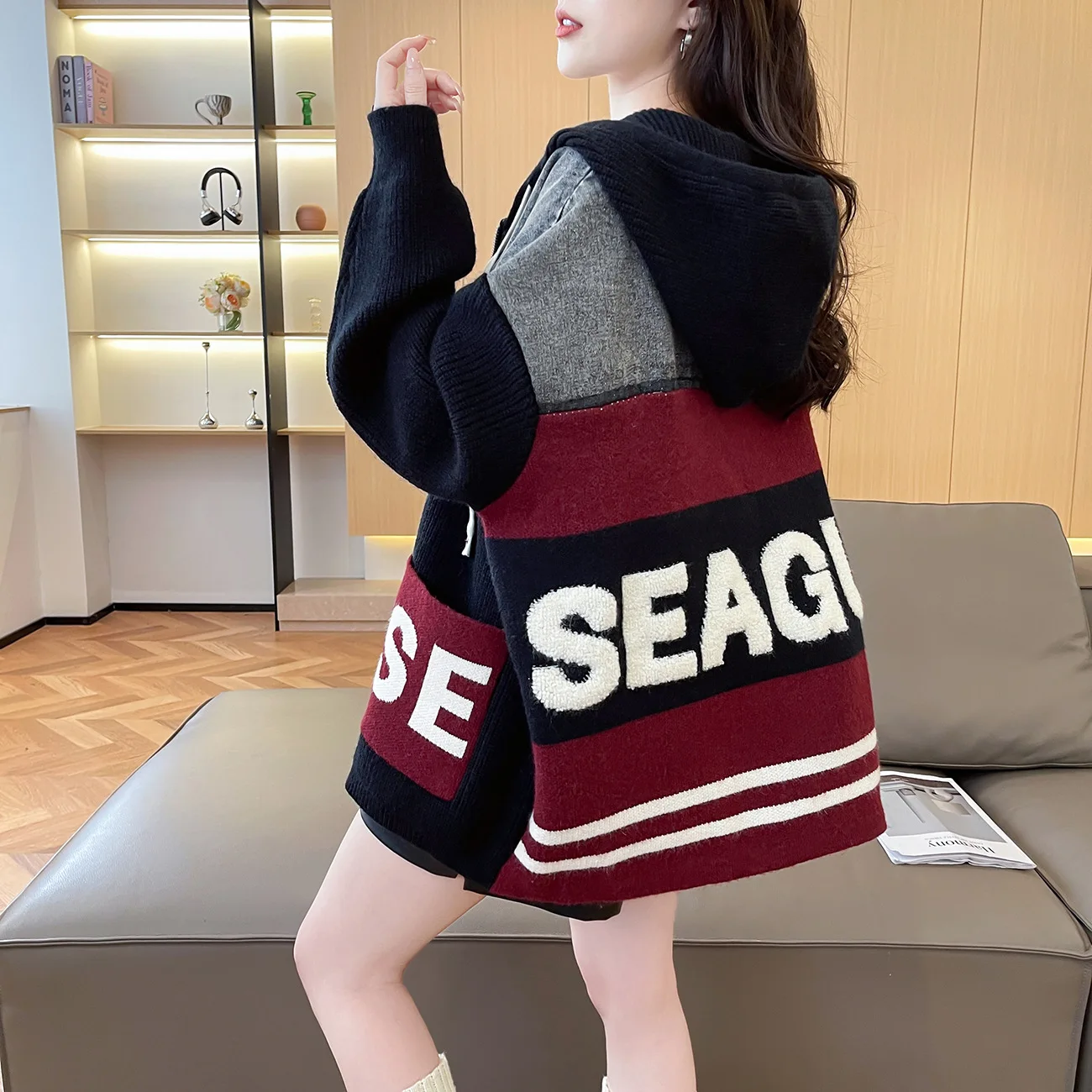 カーディガン女性コートフード付きジッパージャケットセーターカジュアルルーズジャンパー Y2k ストリートエレガントニットオープンステッチ秋冬