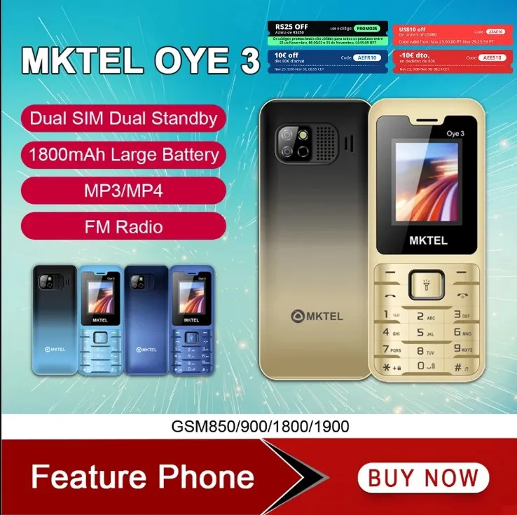 MKTEL OYE 3 Feature Phone 1.77inch Display 1800mAh Dual SIM Dual Standby MP3 MP4 FM Radio with Strong Torch Senior Phone