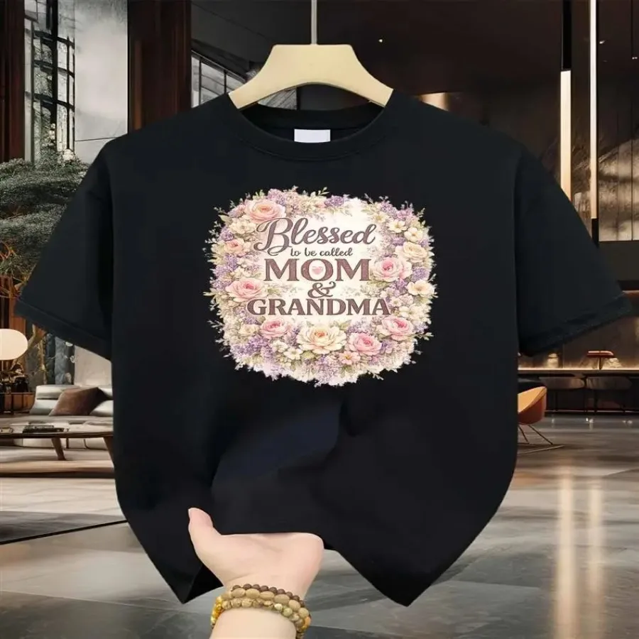 Camiseta para hombre Blessed Mom And Grandma con estampado floral de ramo de rosas, estampado premium puro, duradero, informal, a la moda, con cuello redondo