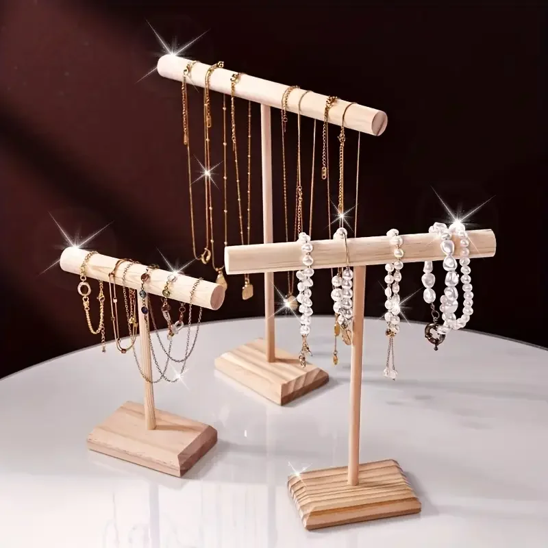 Portable Hard Wooden Bracelet Chain T-Bar Rack Jewelry Display Stand for Bangle Watch Necklace Home Organization Holder Showcase