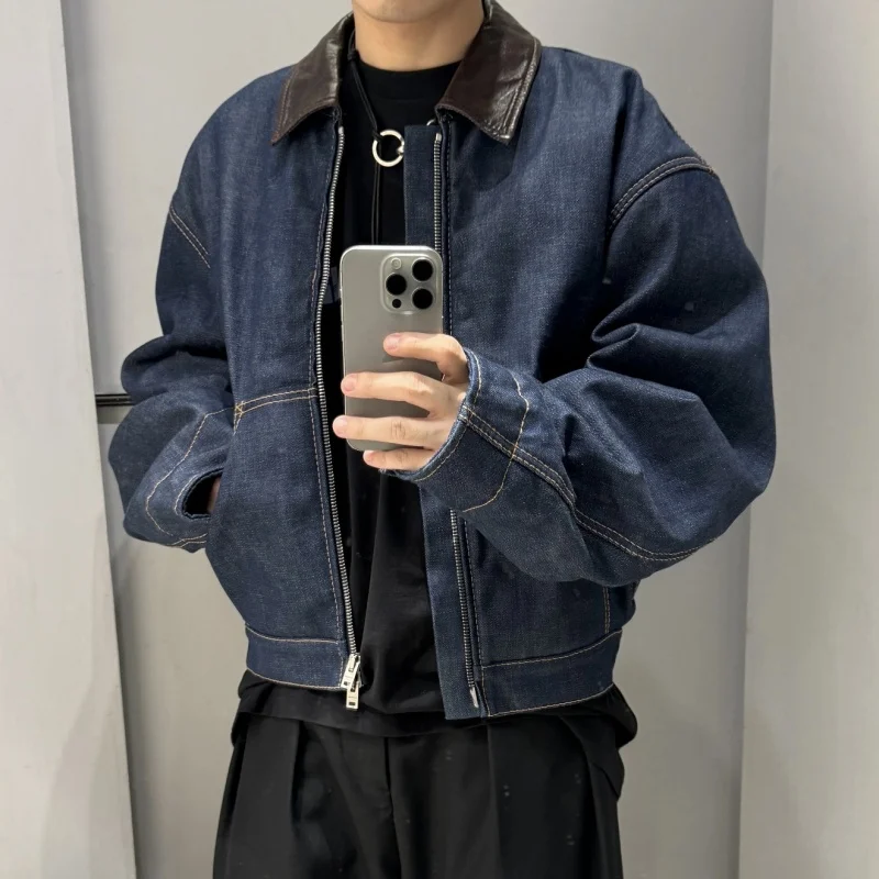 

Trendy 2025 AC Barn Sle Collared Leather And Denim Patchwork Couple Jaets Cotton Lined Zipper Closure Long Sve Coats