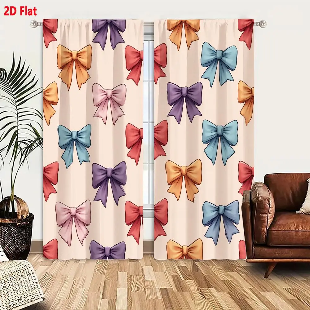 2Pcs Curtains 2D Flat Colorful Hand Drawn Bows Seamless Pattern On Soft Peach Background Pastel Dusty Rose Lavender Teal Mustard