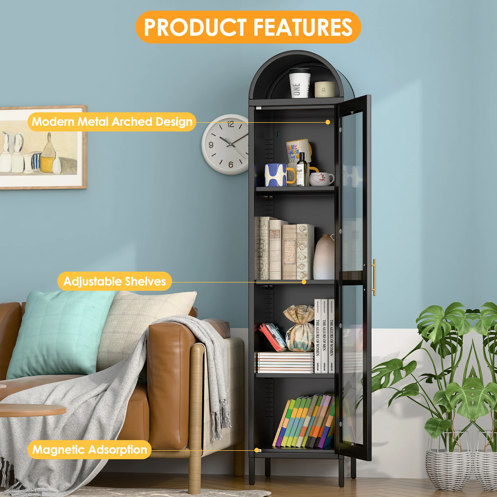 72.8'' Tall Modern Freestanding Arched Display Cabinet, Arch Bookcase with 1 Glass Door/Shelves, Kitchen Pantry for Dining Room,