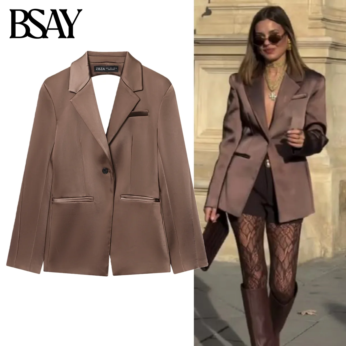 

BSAY атласные текстурные пиджаки с открытой спиной, женские модные осенне-зимние костюмы с полым дизайном сзади и длинными рукавами с одной пряжкой, куртки, пальто