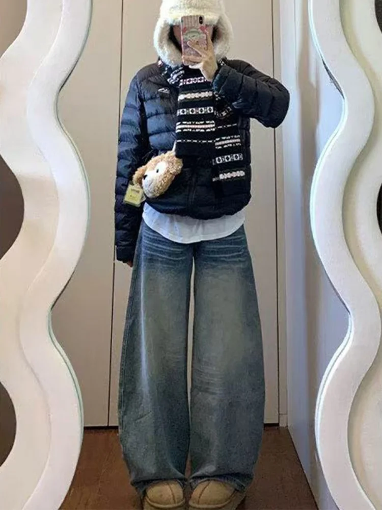 

plus Size Vintage American Fleece Lined Thickened Knife Jeans Women's Autumn Winter Low Waist Slim Straight Wide Leg Pants