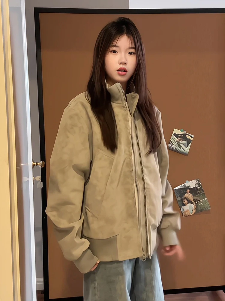 

Американская зимняя куртка из окрашенной кожи для мужчин и женщин, теплая хлопковая куртка-бомбер с воротником-стойкой на молнии