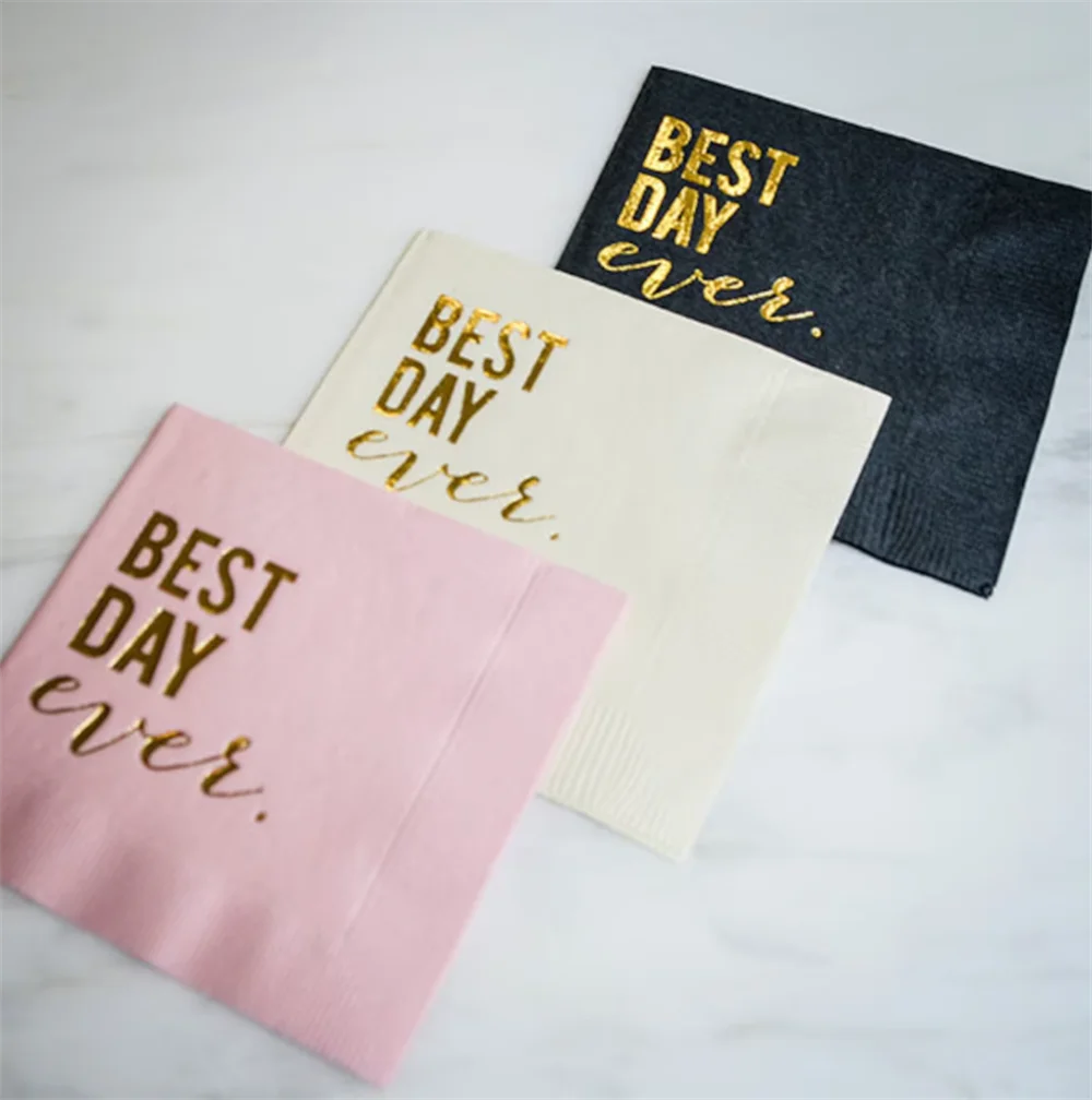 

50PCS Custom Best Day Ever Wedding Reception Cocktail Napkins, Personalized Cake Table Napkins, Printed Cocktail Hour Beverage