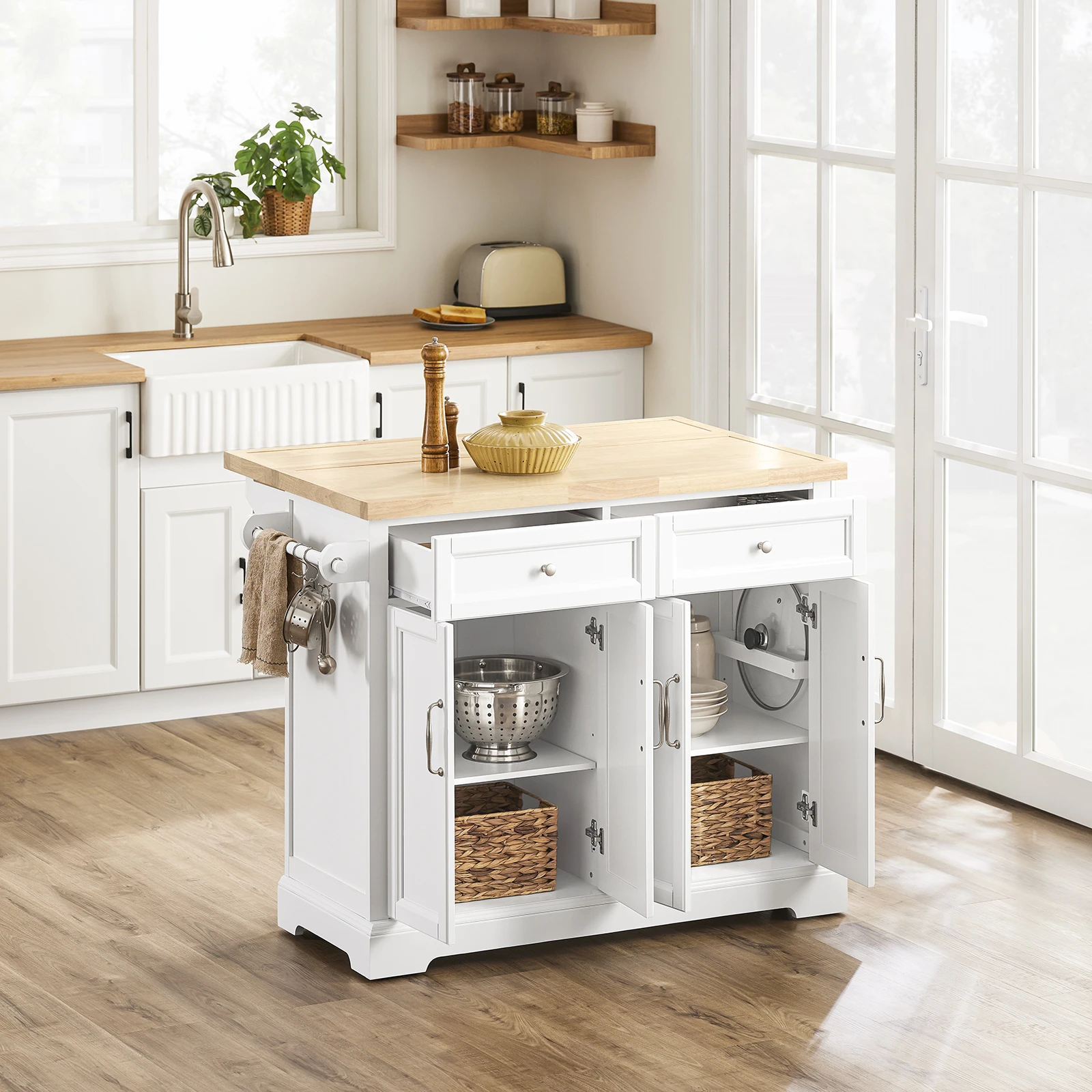 SoBuy FKW71-II Isla de cocina con plato de trabajo extraíble y cajones Barcart para cocina 115x92x(46-71)cm