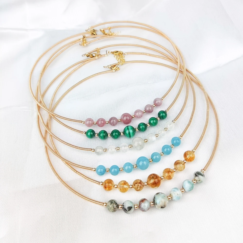 Natural Malachite Amethyst Beads Choker Elegant Simple Gold Plated Circle Torques Necklace for Women Gift Jewelry