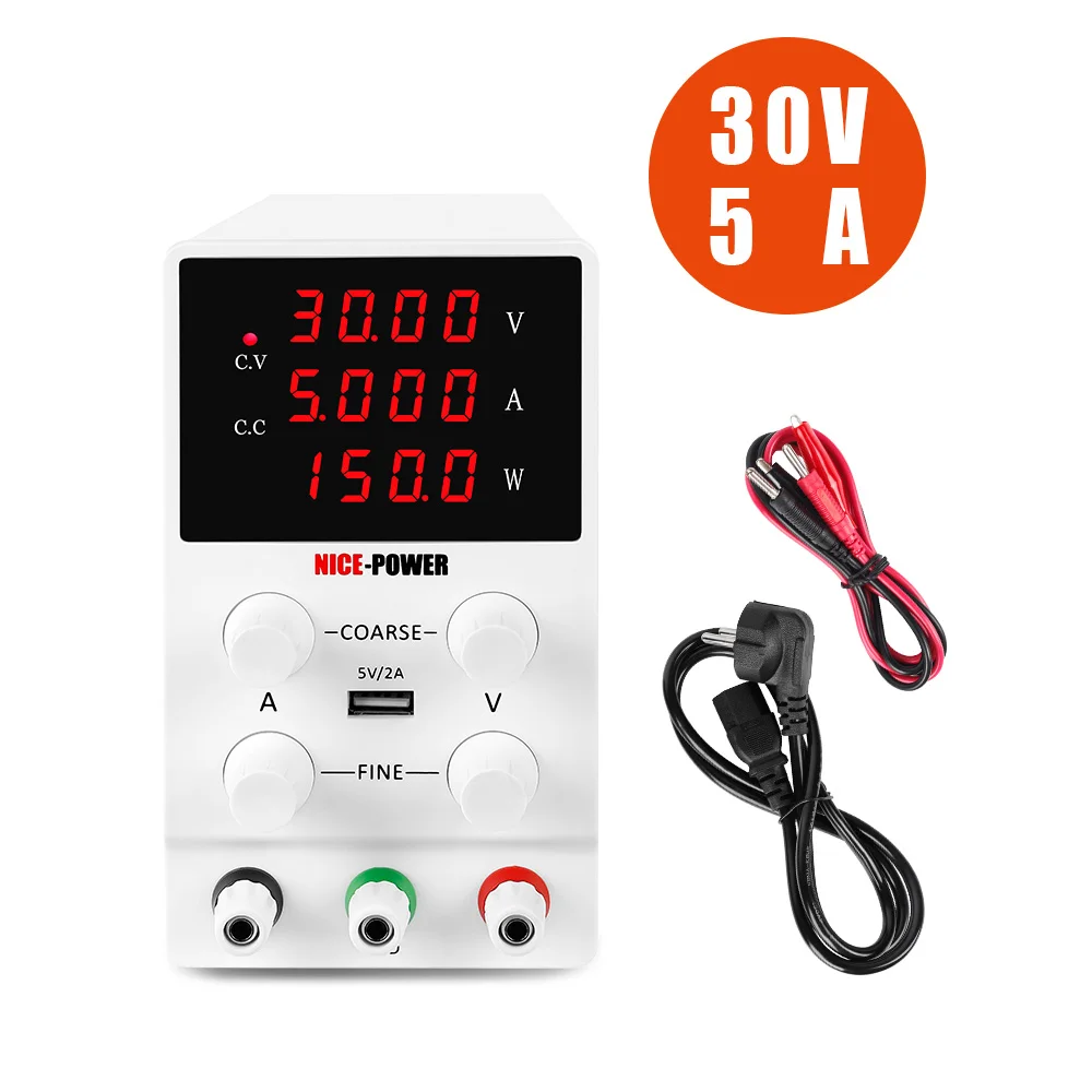 Fuente de alimentación de 30V 5A DC, pantalla de cuatro dígitos, 4 perillas para afinar la salida USB 5V2A, potencia Industrial estable