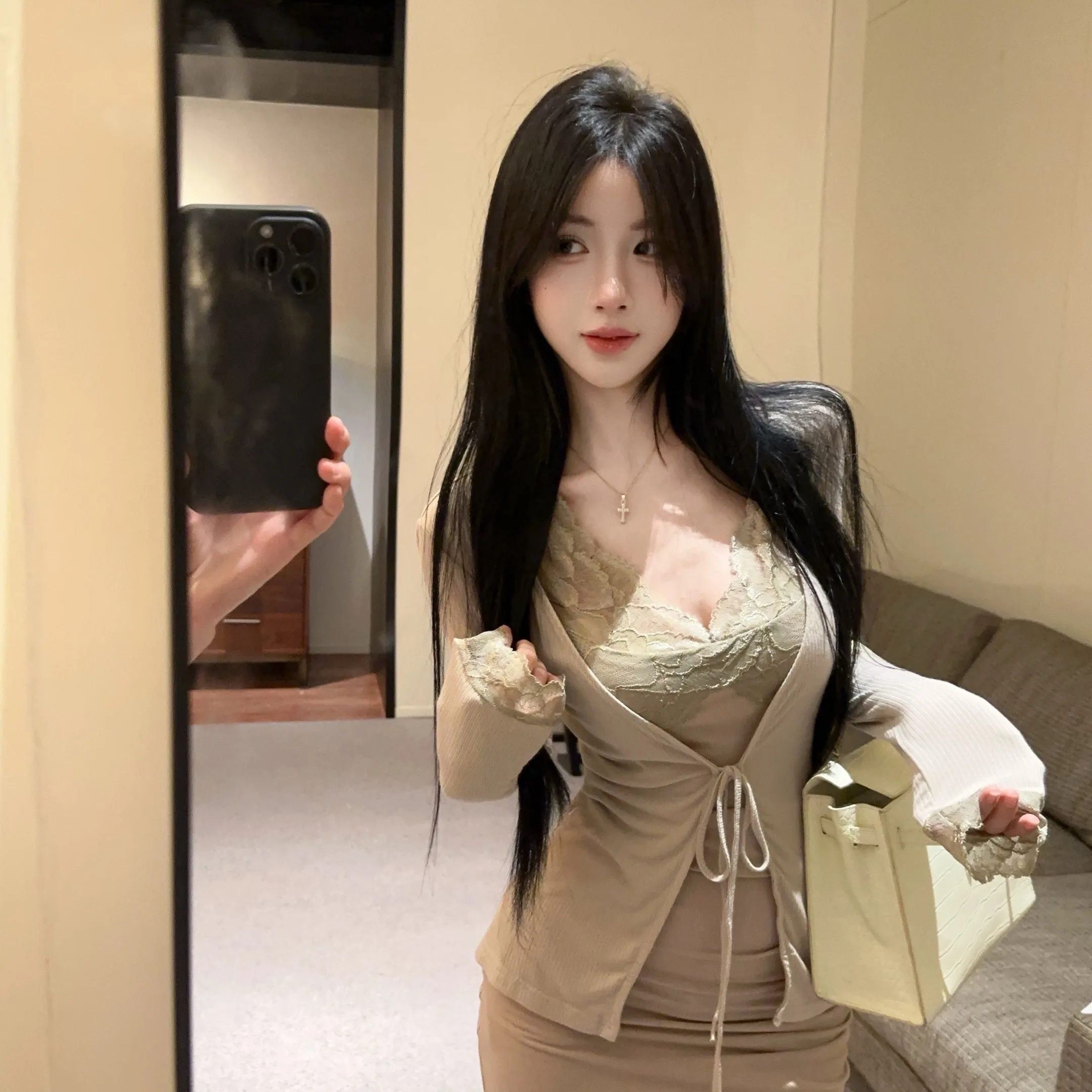 

Ele сексуальный вязаный кардиган, кружевной плиссированный комплект Dr, женский модный комплект, осенний новый Sle Long Sve, облегающий крой, для поездок на работу, ветер