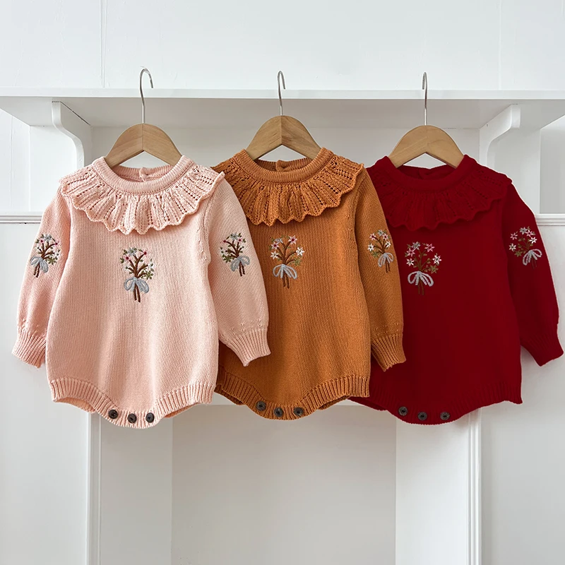 

2024 New Autumn Baby Girl Knitted Clothing Newborn Baby Girls Knitted Bodysuits Embroidery Infant Baby Girls Knitted Jumpsuit