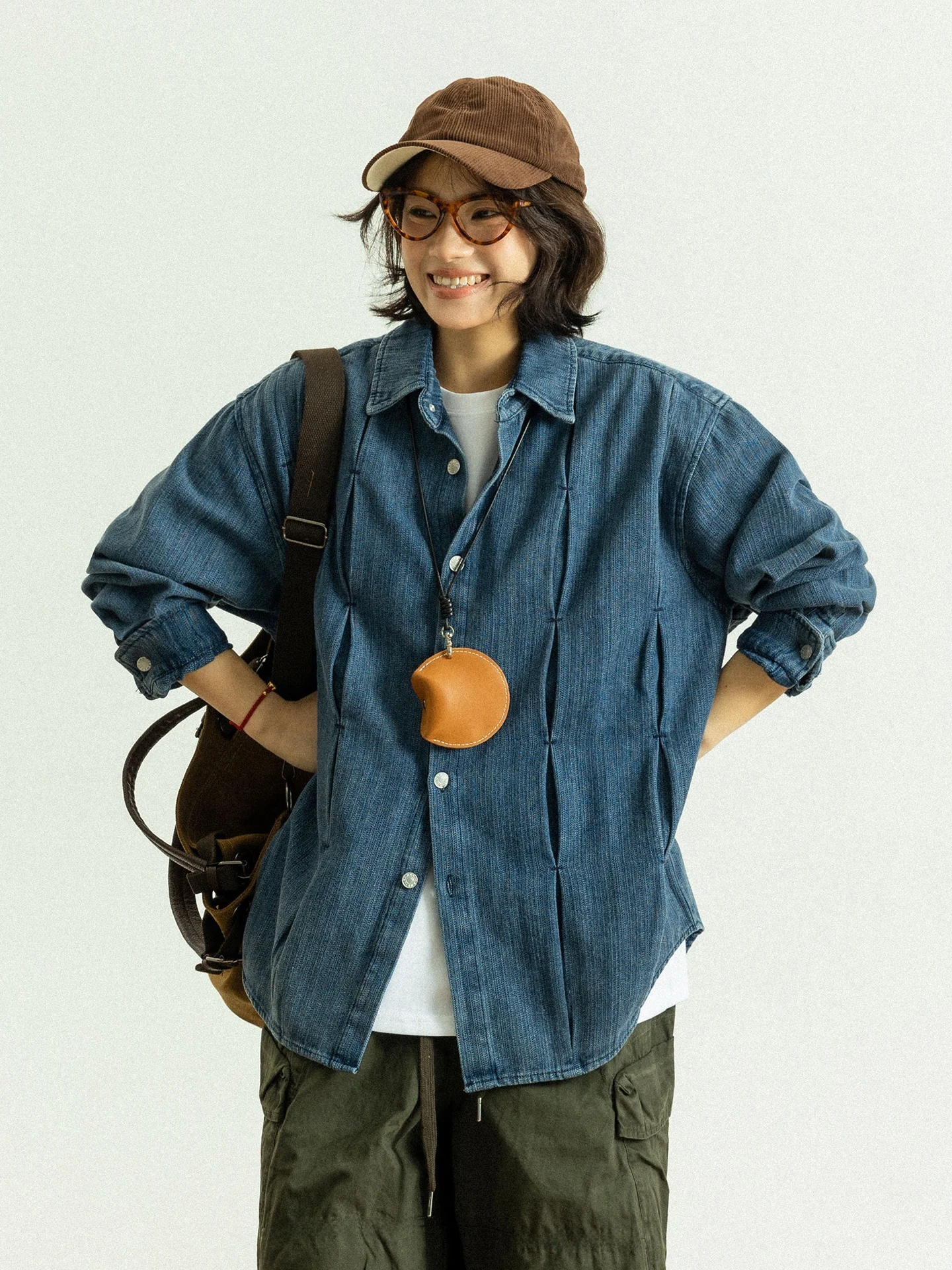 

Рубашка GoodNorth в стиле ретро, синяя, джинсовая, с длинным рукавом, повседневная, с плиссированным дизайном, свободного кроя, из дышащего хлопка, на пуговицах