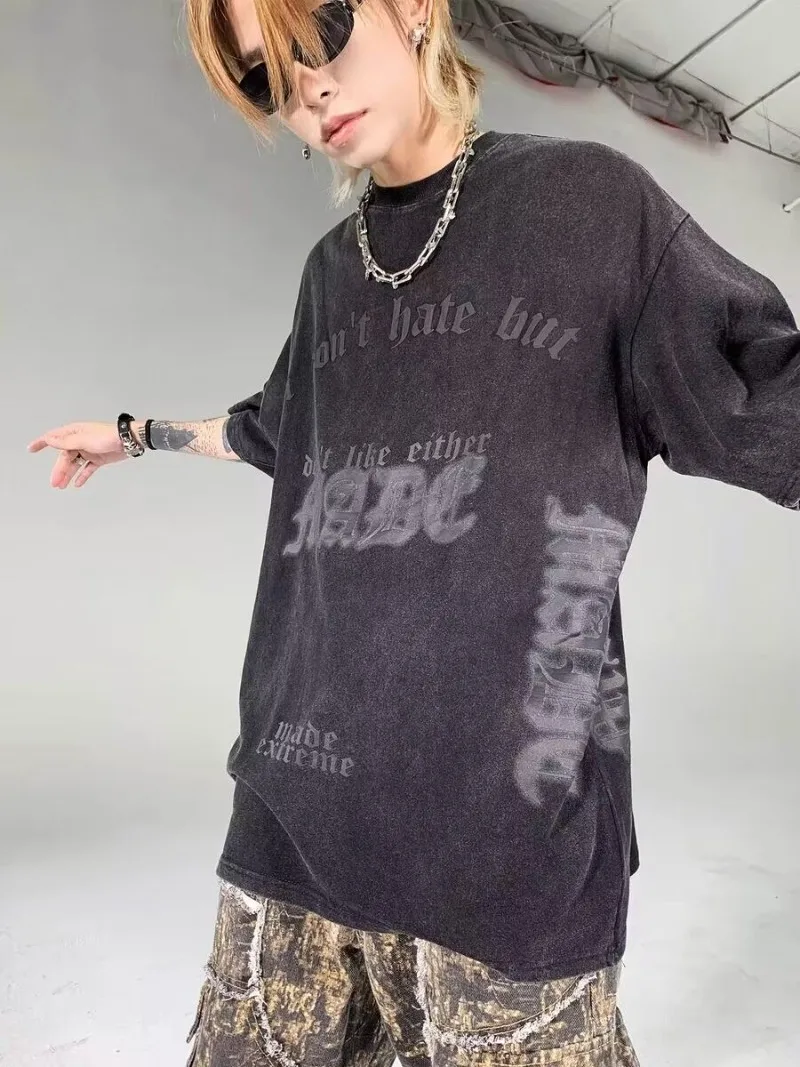 

Oversize Vintage Street Retro Gothic Letter T-shirt with Washed American Style Unisex Short Sleeved Top Female Clothing