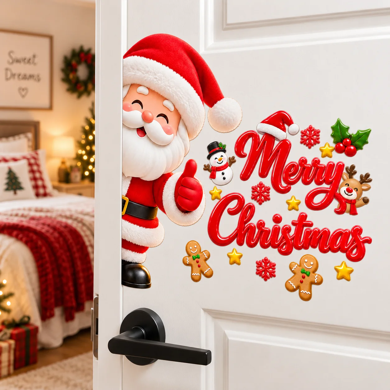 Merry Christmas Door Decals Peeking Santa Snowman Reindeer Gingerbread Xmas Front Door Wall Sticker Winter Decor